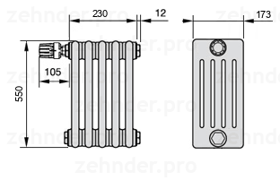 Схема (чертеж) Радиатор Zehnder Charleston 5055/5 №V011 Белый глянцевый RAL 9016